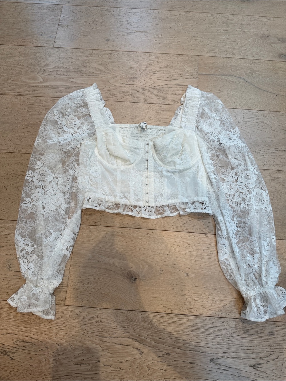 For Love & Lemons Ivory Lace Puff-Sleeve Corset Crop Top